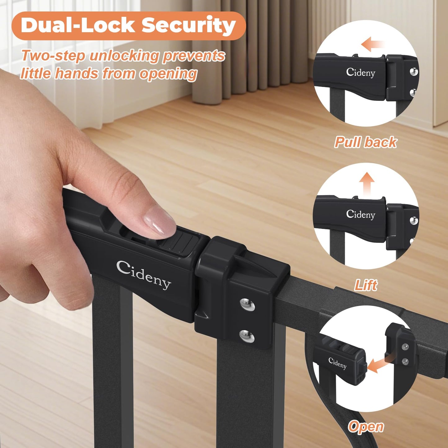 Cideny 34" Extra Tall Baby Gate for Stairs, Auto Close Stroller Friendly Dog Gate Indoor for Doorways, Pressure Mounted 29"-51" Wide Baby Gate, Easy Walk Through Gate for Children & Pets, Black
