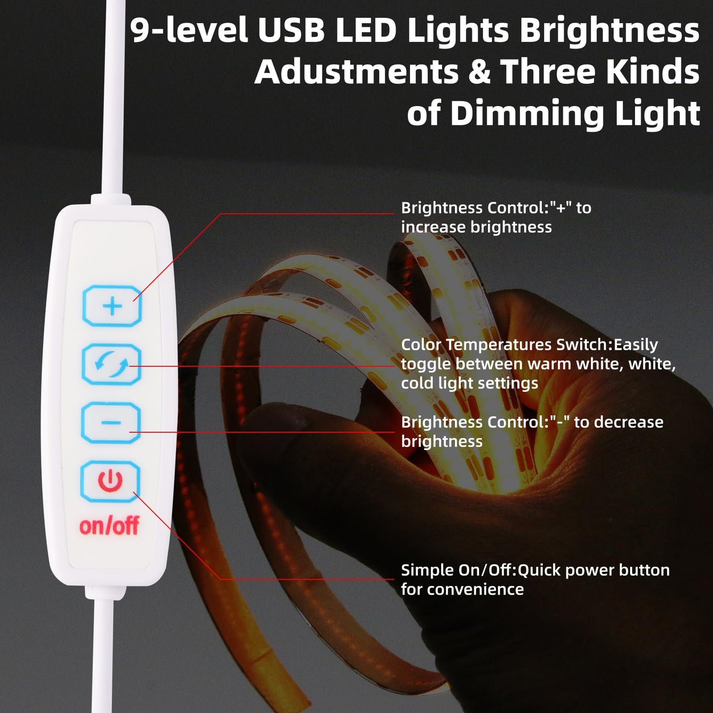 COB LED Strip Lights 5V USB 3.28ft/1m 640LEDs Dimmable LED Lights 6000K White 10W Flexible LED Light Strips Under Cabinet Tape Lights for Bedroom Kitchen DIY Lighting Room Decor TV Backlight