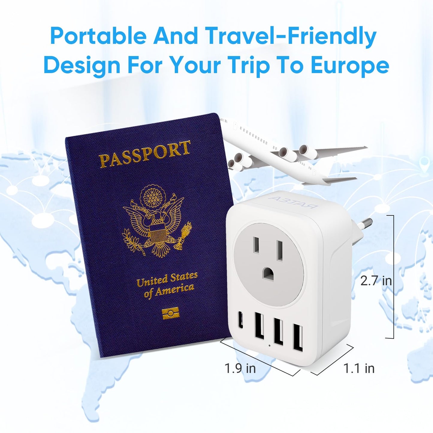[2-Pack] European Travel Plug Adapter, RATEA International Power Plug Adapter with 3 USB Type A, 1 Type C Outlet Adaptor Charger for US to Most of Europe EU Spain Italy France Germany