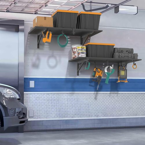 Jusgym 2-Pack 2x4ft Garage Shelving Wall Mounted, 2' x 4' Heavy Duty Garage Storage Shelves with Hooks, 400LB Capacity