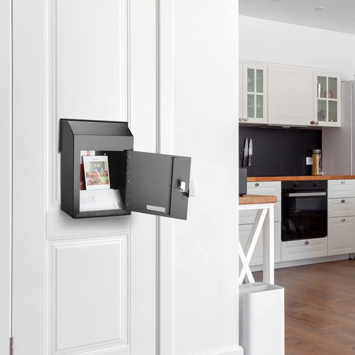 Metateel Through The Door Locking Mail Drop Box with Rain Cover Mail Slot, Heavy Duty Door Mount Mailboxfor Key Rents Cash Checks Letters, Safe Deposit Drop Box for House Office Commercial, Black