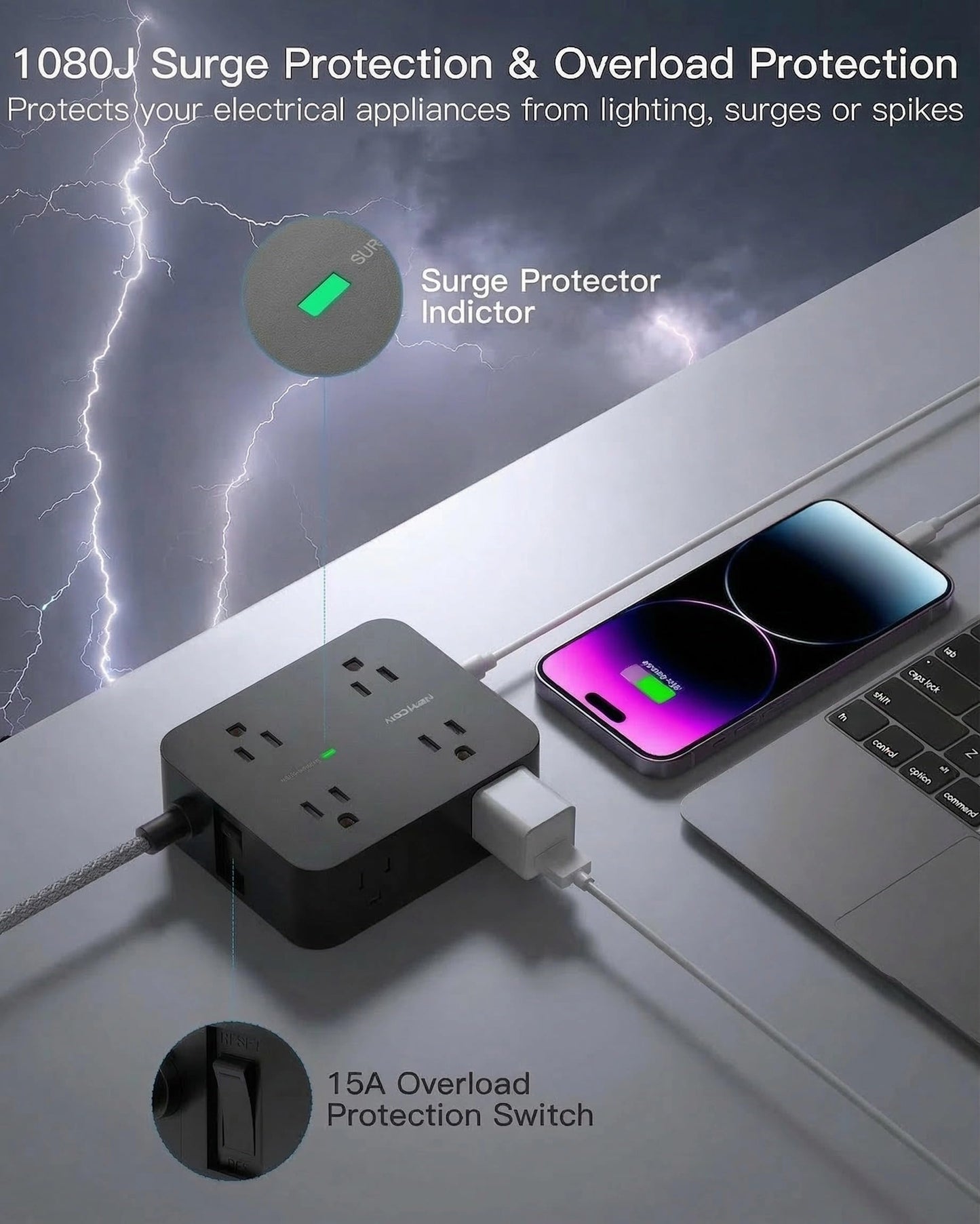 Surge Protector Power Strip 15 Ft Long Cord, HANYCONY Extension Cord 15 Feet with 8 Outlets 4 USB Ports(2 USB C), Flat Plug, Desk Charging Station for Home Office College Dorm Room Essentials