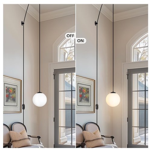 MASIVEL Glass Globe Pendant Light Plug in Modern Mid Century Ceiling Hanging Light Black 10" Globe Chandelier Hanging Cord with Dimmable Switch for Bedroom Kitchen Dining Room 1 Light
