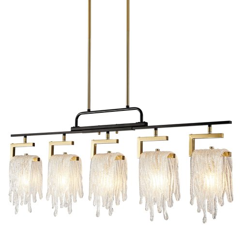 Dining Room Light Fixture/Chandelier Over Table, Modern 5-Light Black and Gold Pendant Lights Kitchen Island, Farmhouse Ceiling Pendant Light Fixtures, Hanging Linear Chandeliers, with Glass Shade