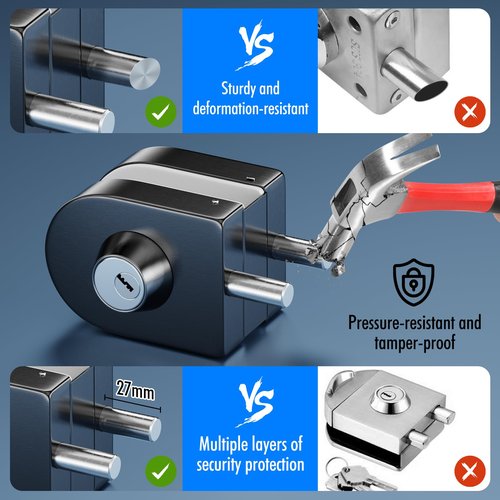 Ranbo Frameless Double-Sided Glass Door Lock,No-Drill, 304 Stainless Steel,Suitable for 3/8''-1/2''(10mm-12mm) Sliding Glass Doors, Office Doors, Commercial Doors, Includes 3 Keys, Brushed Black