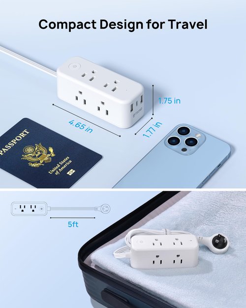 TROND 360° Rotating Flat Plug Power Strip, 6 Widely Spaced Outlets, 2 USB A and 1 USB C, 1440J Surge Protector, Wall Mountable, Extension Cord 5ft for Home Travel Office Dorm Room Essentials, White