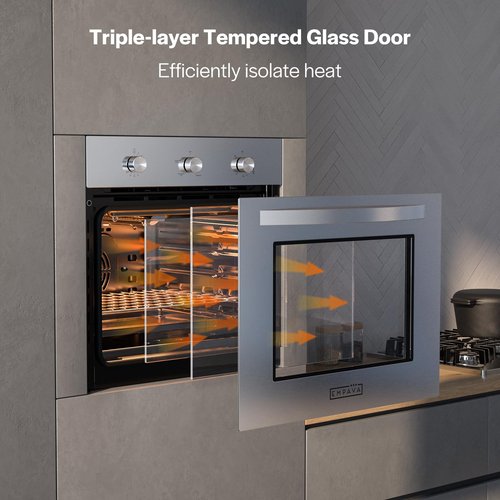 Empava 24" Single Gas Wall Oven with Bake Broil Rotisserie Functions with Mechanical Controls and Built-in Timer and Convection Fan in Stainless Steel