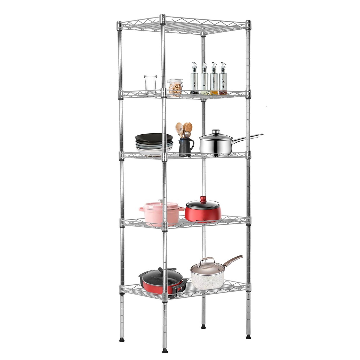 BestOffice | 5-Tier Wire Storage Shelves | 17x12x48 | Chrome | with Adjustable Racks | Heavy-Duty Metal Shelf, Holds Upto 750 lbs | No-Tool Assembly | Ideal for Home & Garage Shelving