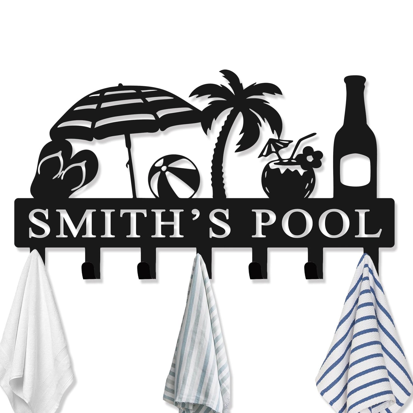 Custom Pool Towel Rack Wall Mount Personalized Name Metal Sign Poolside Towel Hook Outdoor Custom Towel Holder Organizer Pool Accessories for Robe, Towel, Coat, Swimsuit, Umbrella, Bag, Keys