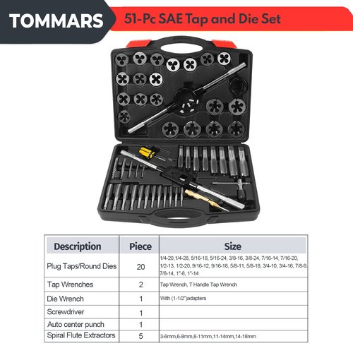 TOMMARS 51-Pc 1/4-20 to 1-14 Jumbo Tap and Die Set SAE Round Threading Dies for Threading and Rethreading Internal and External Threads