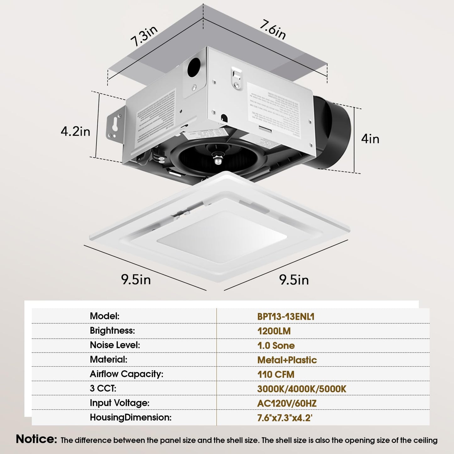 FEITON Bathroom Exhaust Fan with Light (3000K/4000K/5000K), Ceiling Mount, 110 CFM 1.0 Sones, Quiet Square Bath Fan Light Combo(Metal housing, 4 Inch Duct, Ceiling Opening Size: 7.6 x 7.3 Inches)