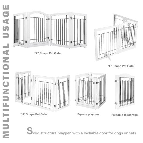 SPIRICH 96-inch Extra Wide 30-inches Tall Dog Gate with Door Walk Through, Freestanding Wire Pet Gate for The House, Doorway, Stairs, Pet Puppy Safety Fence, Support Feet Included (White)