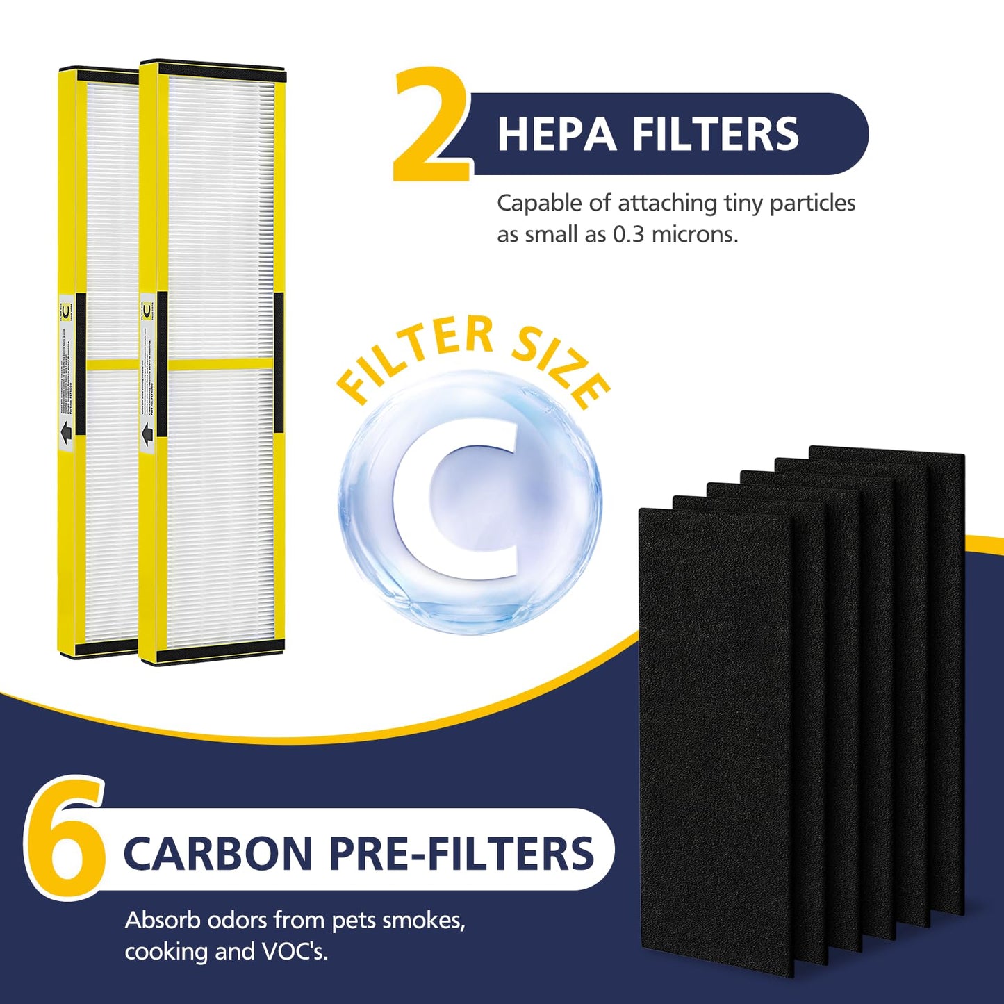 2 Pack FLT5000 HEPA Replacement Filt-er C with 6 Pack Activated Carbon for G-Guardian AC5250PT AC5000 AC5000E AC5300B AC5350B AC5350BCA AC5350W CDAP5500