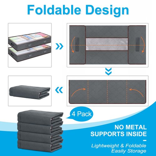 Budding Joy 90L Under Bed Storage Containers, Closet Organizers and Storage Bins, Foldable Underbed Storage Bags for Blanket, Clothing, Comforter, Sweaters, Pillows, Linen Sheets, Wrapping Paper, Grey