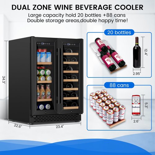 24 Inch Wine and Beverage Refrigerator Under Counter, Dual Zone Black Beverage Fridge with Glass Door&Lock,20 Bottles & 88 Cans Wine and Beverage Cooler, Freestanding Mini Fridge for Bedroom Home
