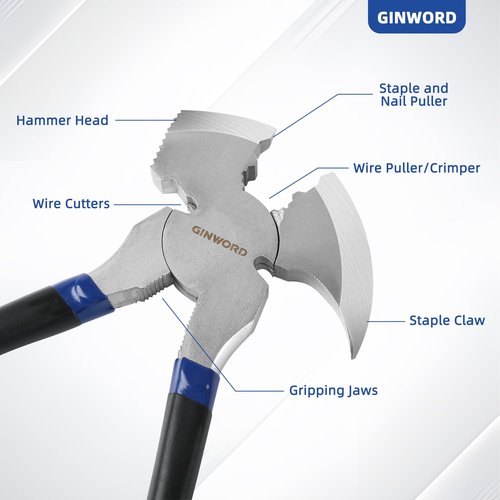 GINWORD Fencing Pliers,10.4 Inch Multi Fence Tool,Hammer Head, Wire Cutter Heavy Duty Fence Pliers,Nail Puller Pliers,Staple Puller,Fence Cutting Tools