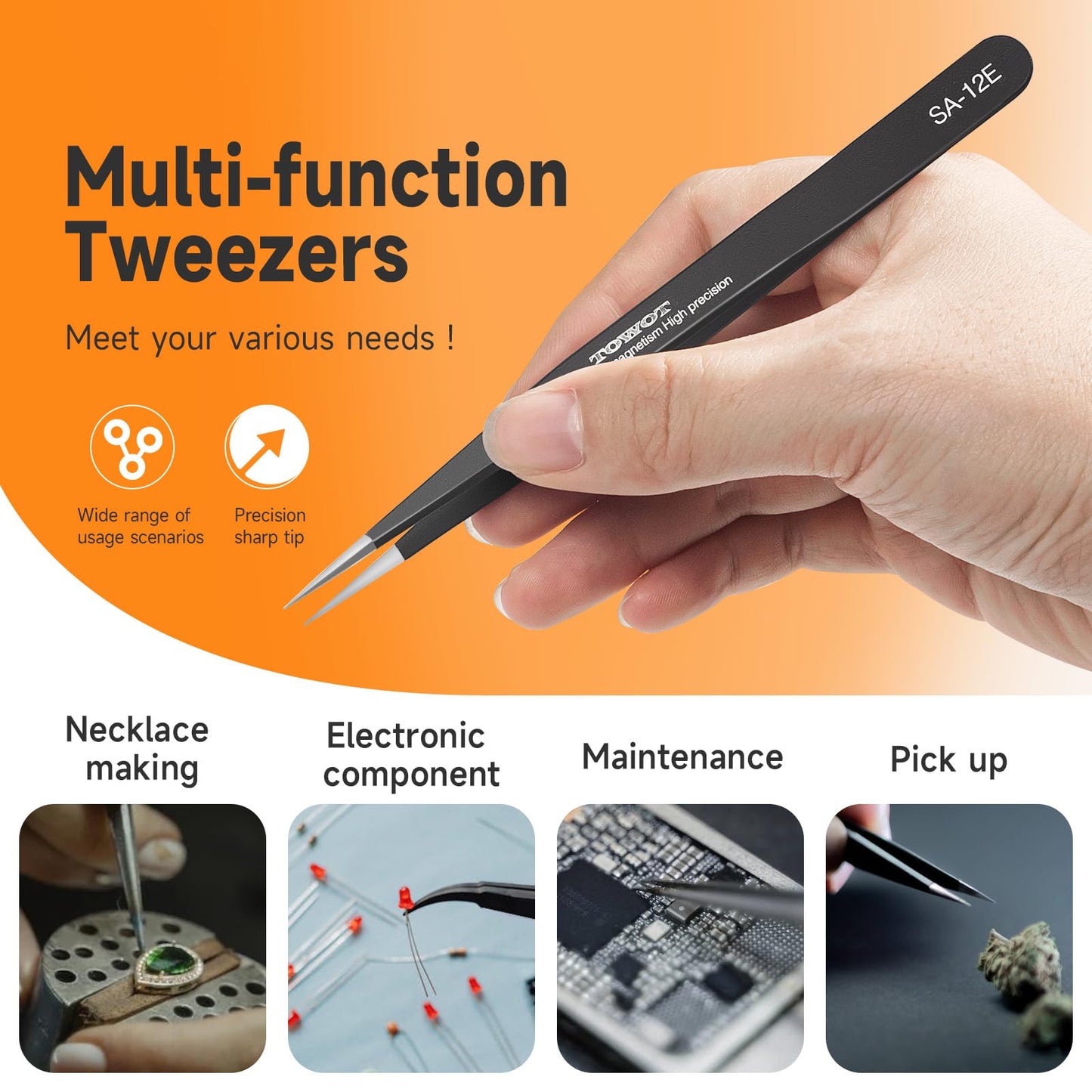 TOWOT Precision Tweezers, Upgraded Anti-Static Stainless Steel for Electronics, Craft, Soldering, and Experimental Work, Jewelry Making Curved Tweezers