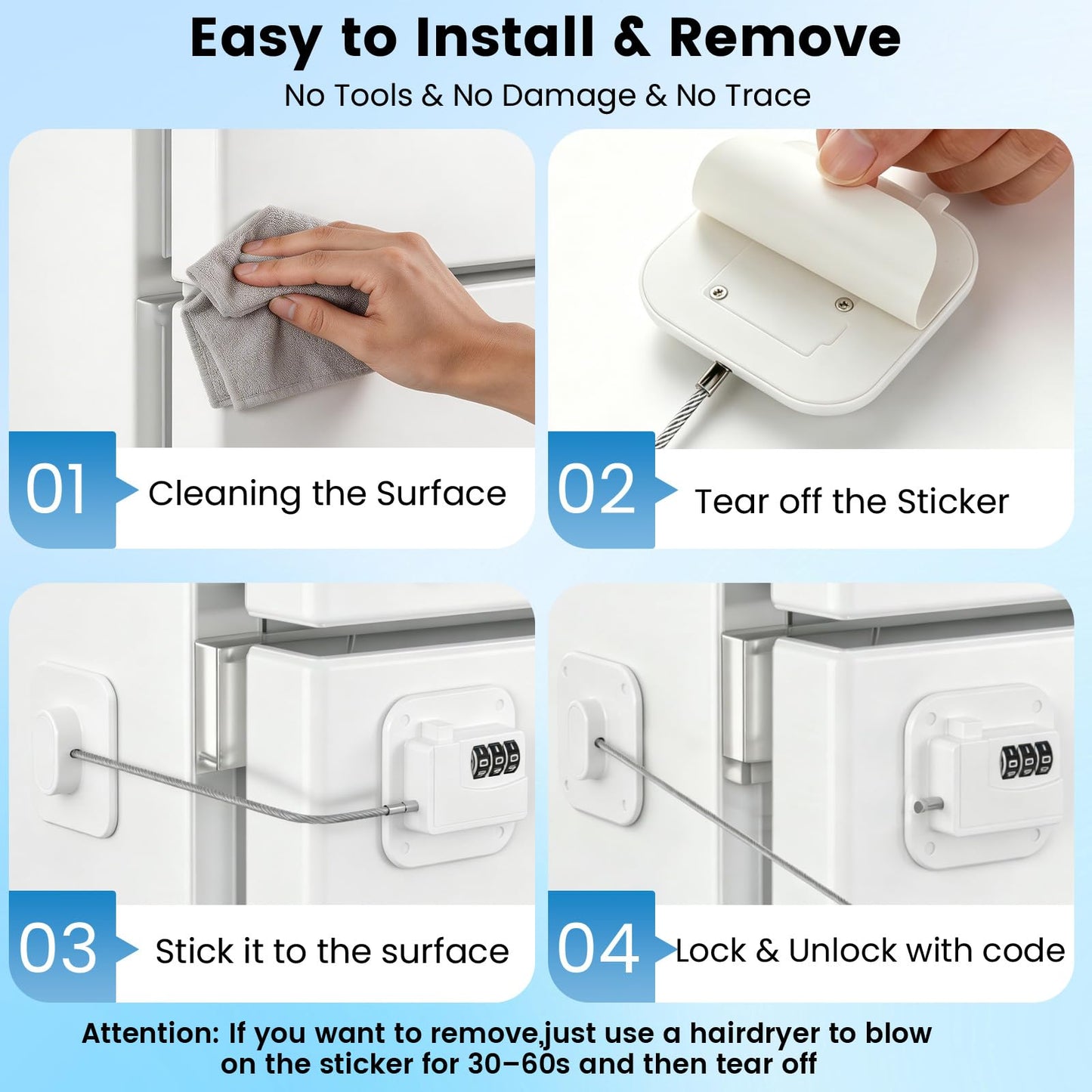 SUR-CIEL 1PC Fridge Lock with Code, Refrigerator Locks, Cabinet Locks Baby Proofing, Combination Lock for Refrigerator, Freezer, Closets, Cabinets, Drawers, Doors and Windows, NO Drilling