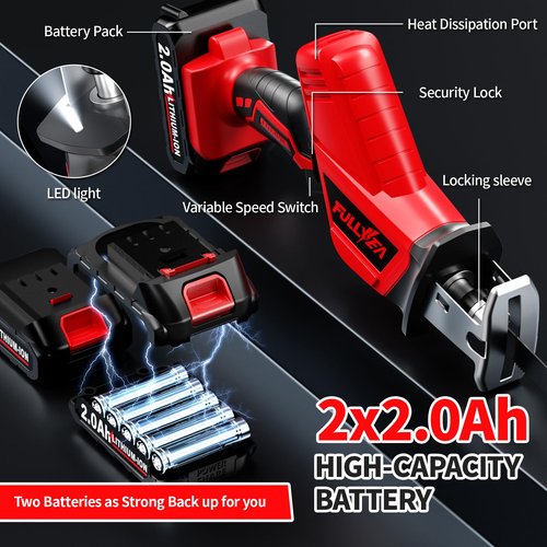 FULLYEA Reciprocating Saw Cordless, 0-3500SPM Power Reciprocating Saw with 2*2000mAh Battery & 4 Saw Blades, Tool-Free Blade Change, Variable Speed Reciprocating Saws for Woods/Metal/Plastic Cutting