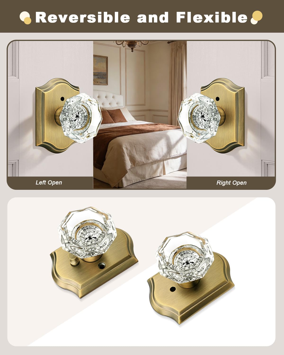 Gobrico Transparent Glass Door Knobset Interior,Privacy Diamond Crystal Door Lockset in Antique Brass,Keyless for Interior Bath/Bed,Push Pin Button Inside Lock?1 Pack