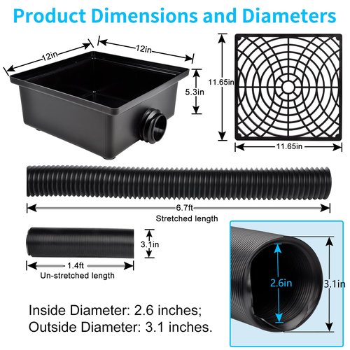 Prestantious Gutter Downspout Catch Basin, Upgraded Version 12"×12" Catch Basin Gutter Downspout Extensions with 3.1” OD Flexible Pipe, Rainwater Downspout Diverter, Pipe Stretched Length 6.7ft