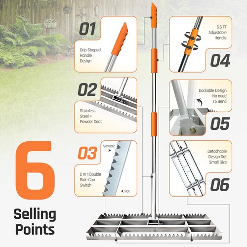 Lawn Leveling Rake, 30in / Double Side can Switch, with 20pc Marking Flags to Mark Low Spot, Stainless + Powder-Coat, FLAT Level Soil/Dirt/Compost on Lawn, SERRATED Rake Dead Grass/Ruts/Gravel on Yard