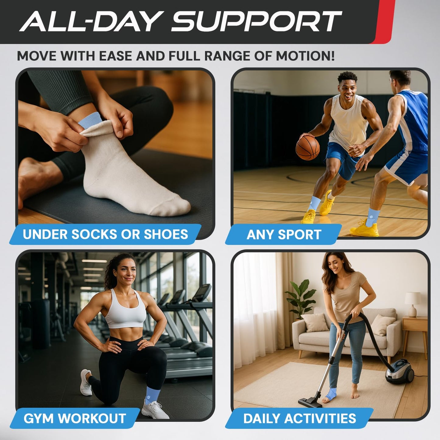 Sleeve Stars Ankle Brace for Women & Men, Ankle Wrap for Sprain, Compression Sleeve for Plantar Fasciitis Relief, Easy Customizable Support: w/ Removable Strap (Single/M:10"-12"/Light Blue)