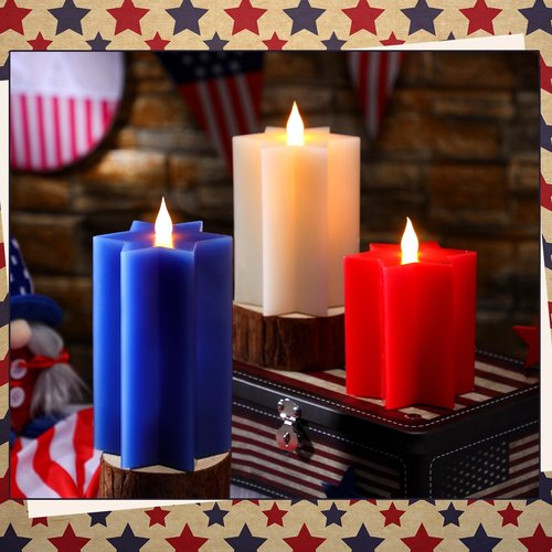 4th of July Patriotic Flameless Candles – Set of 3 Red White Blue Flameless LED Pillar Candles with Remote, Timer, Flicker Mode, Made of Paraffin and Battery Powered for Indoor Independence Day Decor