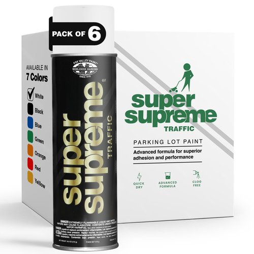 Fox Valley Super Supreme Traffic Marking Spray Paint – Fast-Drying, Long Lasting, Durable & Weather-Resistant - Marking Paint for Roads, Parking Lots, Sidewalks & Factory Floors, 18oz (6-Pack, White)