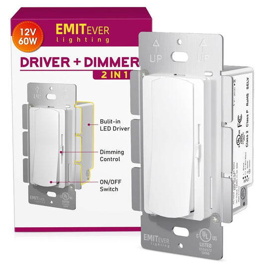 Dimmer Light Switch & 12V 60W Dimmable LED Driver 2 in 1, UL Listed Single-Pole or 3-Way Slide Dimmer Switches for Led Strip Lights,120VAC to 12VDC Power Supply for Low Voltage Project, Glossy White