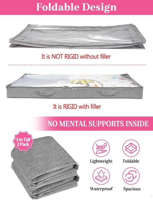 Low Profile Under Bed Storage, 3 Inches High Underbed Storage Containers Bins, NO STRUCTURE, Foldable Clothes Storage and Organizer with Lid & Zipper, Shallow Storage for Low Bed Couch Crib, 2-Pack