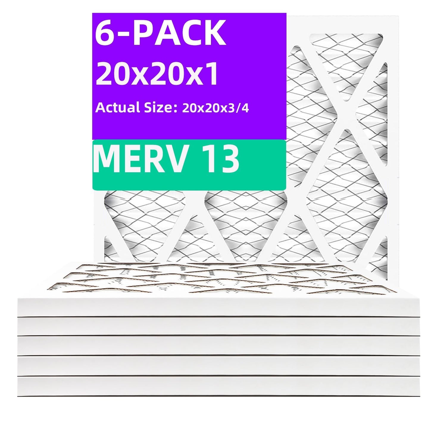 Qingzhug 20x20x1 MERV 13 (6-Pack) Pleated Air Filter (Actual Size: 19.75"x19.75"x0.75") MPR 1900 & FPR 10, Furnace Air Filters, 20x20x1 air filter