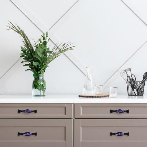 NEWzone 4 Pack 5.6 Inch Cabinet Pulls Kitchen Cabinet Handles with Purple Flower, Black Cabinet Hardware Stainless Steel Kitchen Drawer Pulls for Cabinets Cupboard, 125mm Hole Center