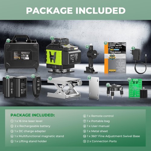 16 Line Laser Level 360 Self Leveling, 4x360°Professional 4D Green Cross Line laser Level with 2 Batteries, Adjustable Brightness & Remote Control, for Tiling Floor Construction and Picture Hanging
