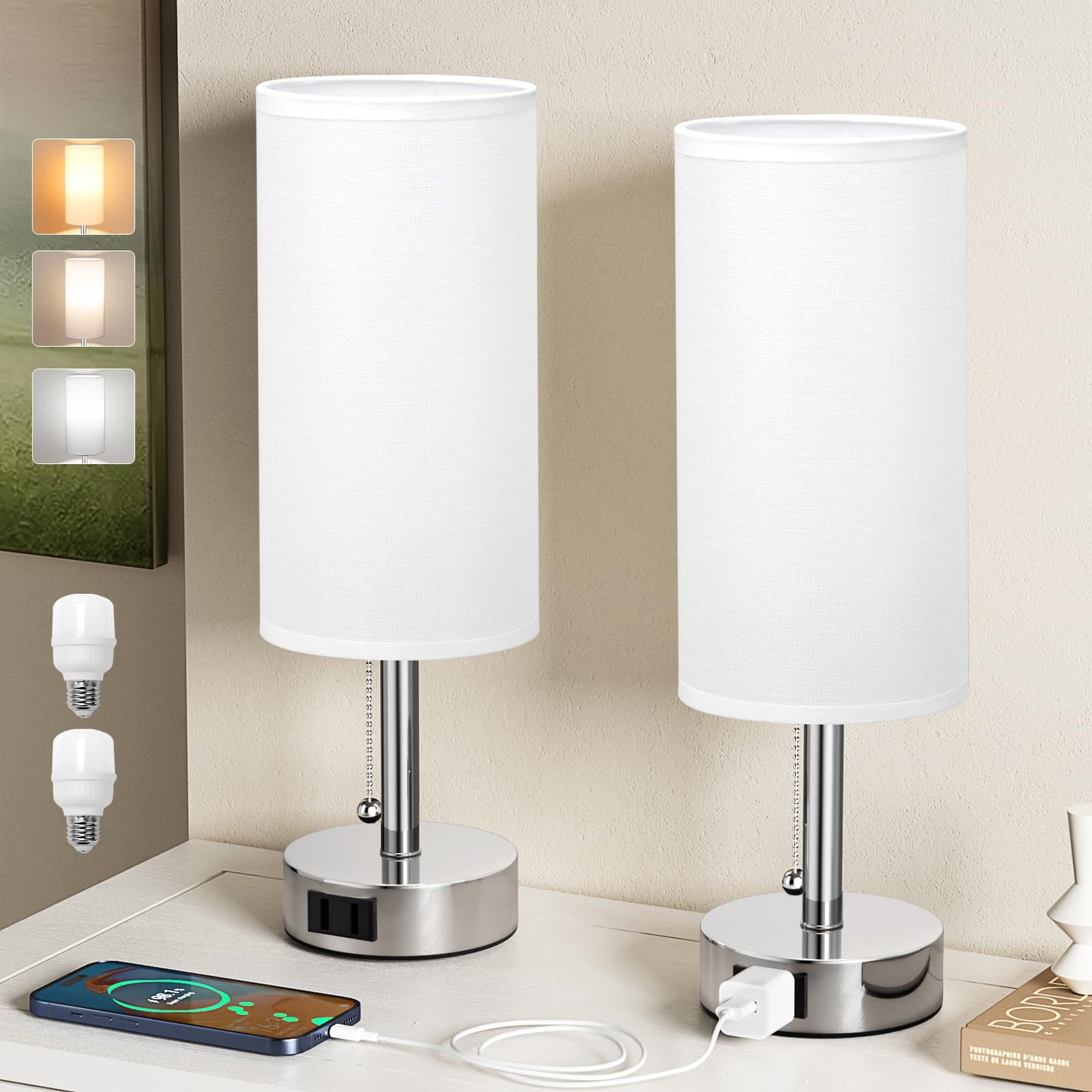 Fenmzee White Silver Bedside Table Lamps Set of 2-3 Color Temperatures Pull Chain Lamp with AC Outlet Charging Port, Two Round Night Stand Lamps for Bedroom, Small Bed Side Light with E26 LED Bulbs
