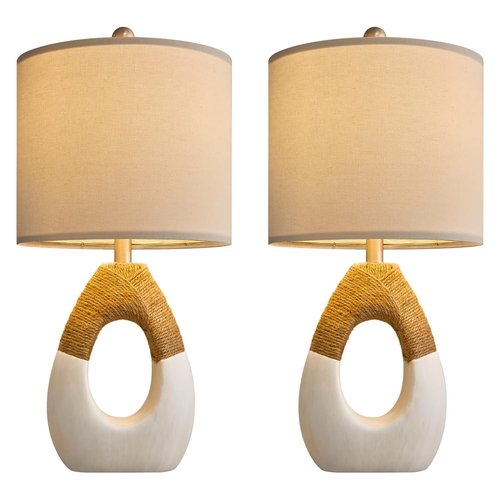 OYEARS Boho Table Lamps Bedroom Living Room Set 2 Small Farmhouse Rattan Table Lamp 19”Rustic Home Decoration Nightstand Bedside Lamp for Office Compatible with Smart Light Bulbs(Not Include Bulbs)