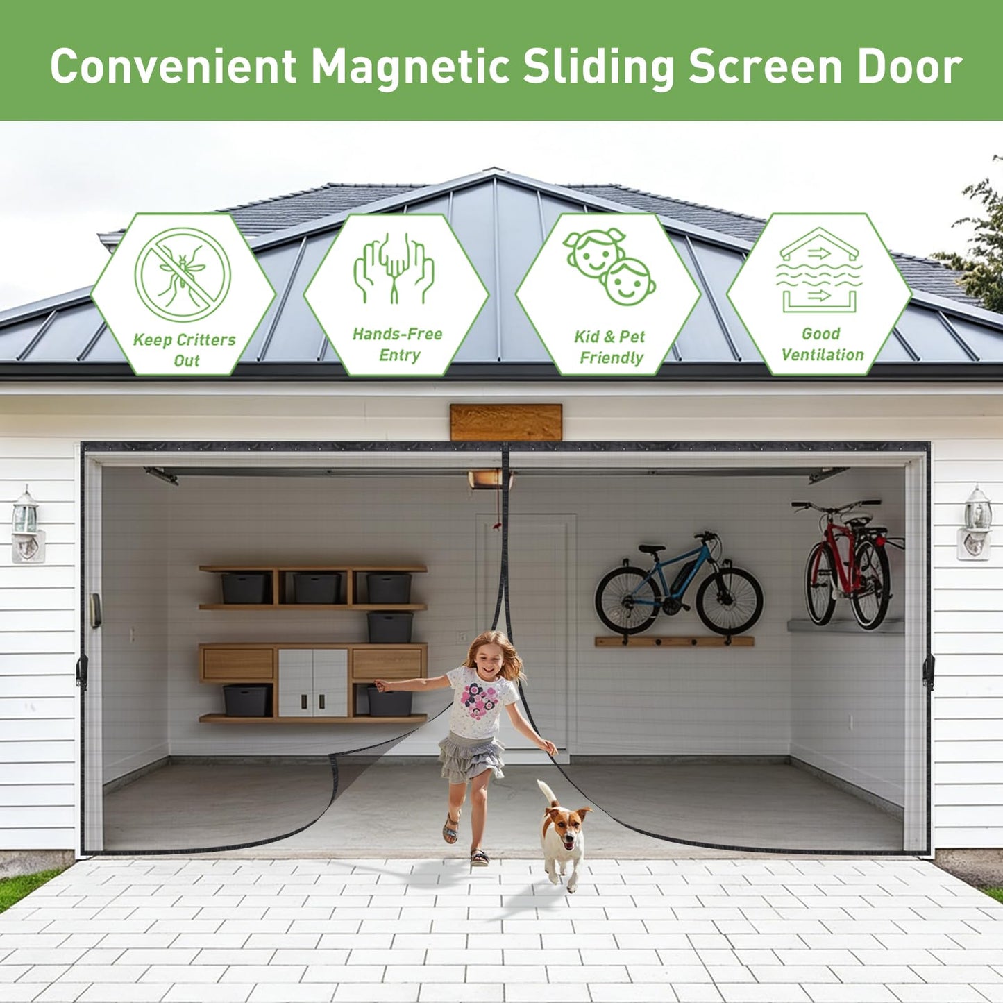 Sliding Garage Door Screen with Track, Garage Screen Doors for 1 Car Garage, 8x7 Ft Retractable Garage Net Screen, Smooth-Gliding, Magnetic Closure, Easy to Install, Black