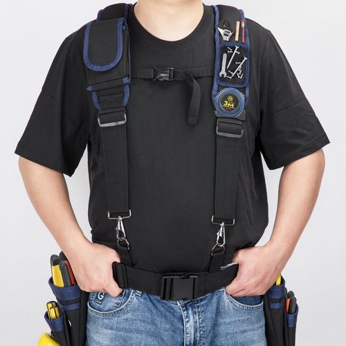 UMYLOV Tool Belt Suspenders for Men, Adjustable Padded Carpenter Tool Belt with Magnetic WristBand Multifunctional Pouch Pocket for Construction Workers (Black)