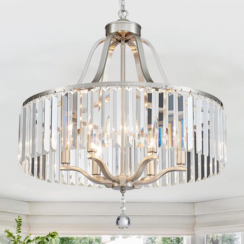 peskoe Modern Crystal Chandeliers Round 6-Light Large Brushed Nickel Pendant Lighting Fixture for Dining Room Living Room Kitchen Island Bedroom Hallway Hall Foyer, 21.7"