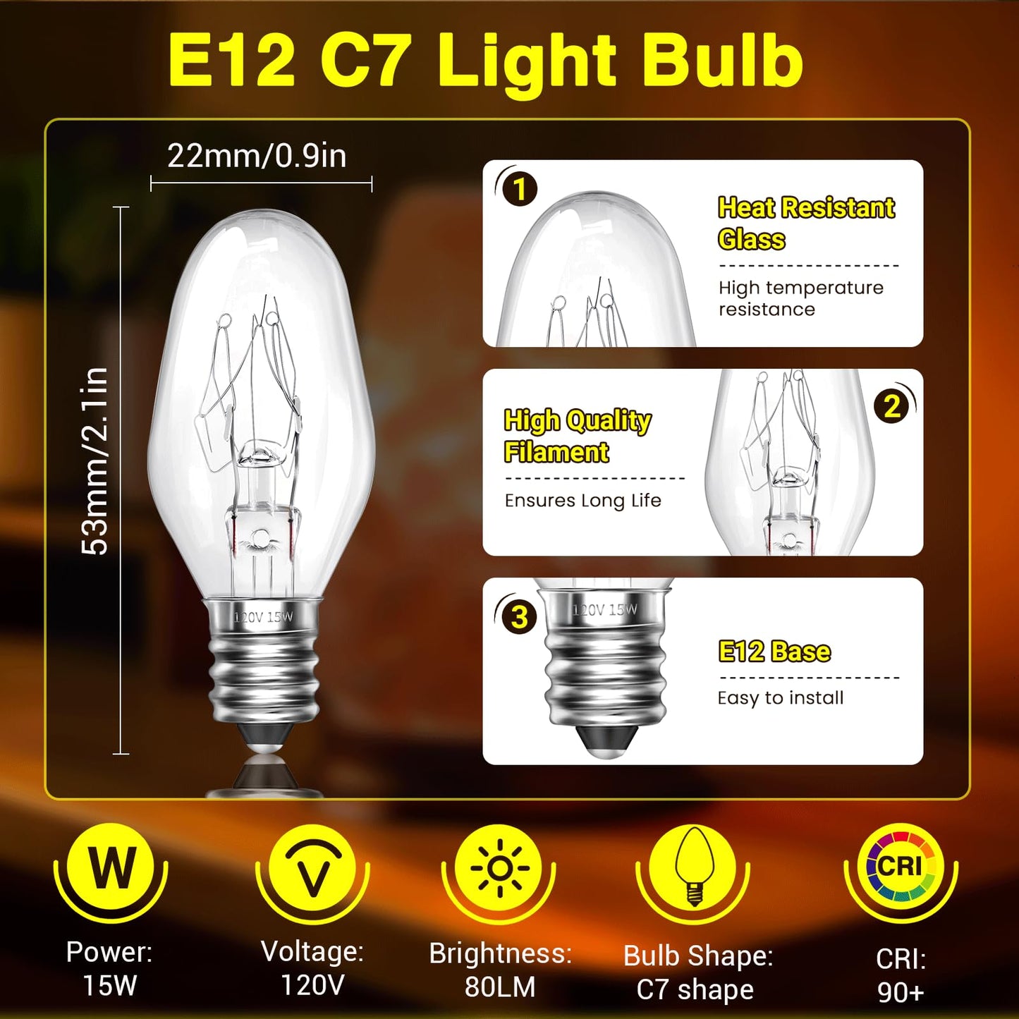 Himalayan Salt Lamp Bulbs 15W C7 Dimmable Rock Salt Light Bulbs E12 Base Night Light Bulbs for Scentsy Wax Warmer, Salt Lamp, Plug in Wax Diffuser Pack of 2