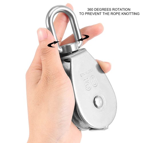 ZOENHOU 4 PCS M50 Loading 881Lbs / 400Kg Single Pulley Block, 304 Stainless Steel Single Pulley Roller with Rotatable 360°Pulley and Rings, Heavy Duty and Smooth Rope Pulley Block for Rope Lifting