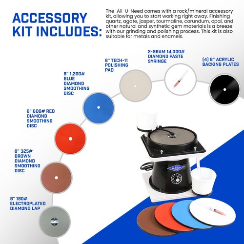 Hi-Tech Diamond 8" All-U-Need - Lapidary Equipment, Mineral & Stone Rock Shaping, Stone Grinder, Shaper w/ Variable Speed Motor & Polishing Machine Tool, Includes Mineral Rock Polishing Kit