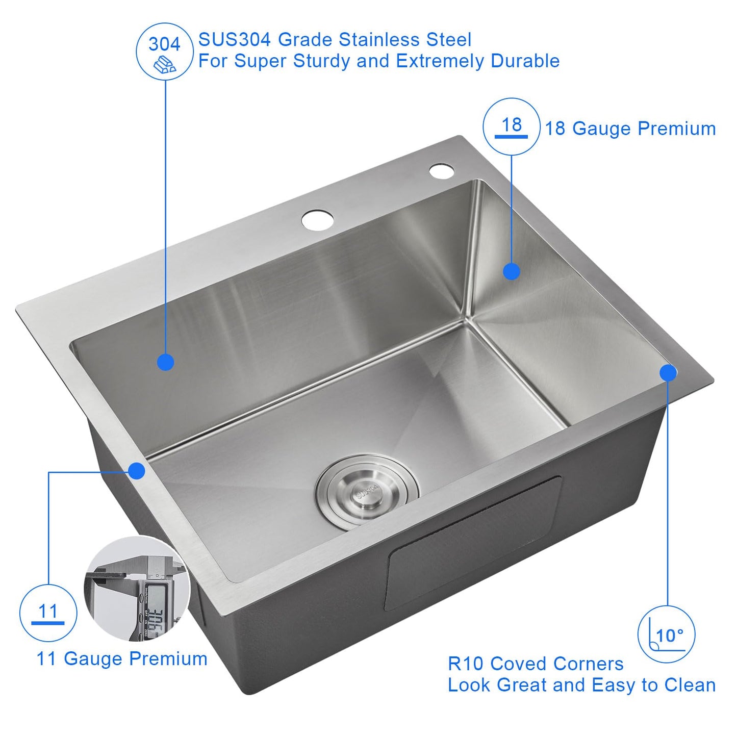 MENATT 24 Inch Drop-in Kitchen Sink, 304 Stainless Steel Topmount Handmade Residential Sink, Single Bowl Workstation Sink with Drain Kit (Brushed), 24"x18"x9"