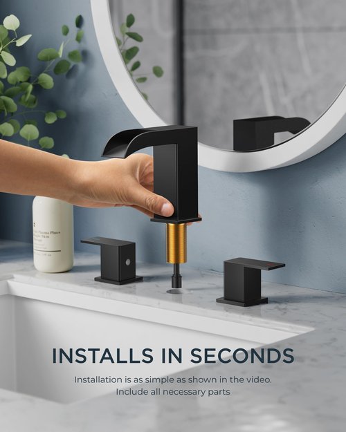 FORIOUS Square Matte Black Waterfall Commercial Bathroom Faucets 3 Hole, 8 Inch Widespread Bathroom Sink Faucet with Metal Pop-up Drain and Supply Lines, Two Handles for Vanity, Lavatory, Restroom