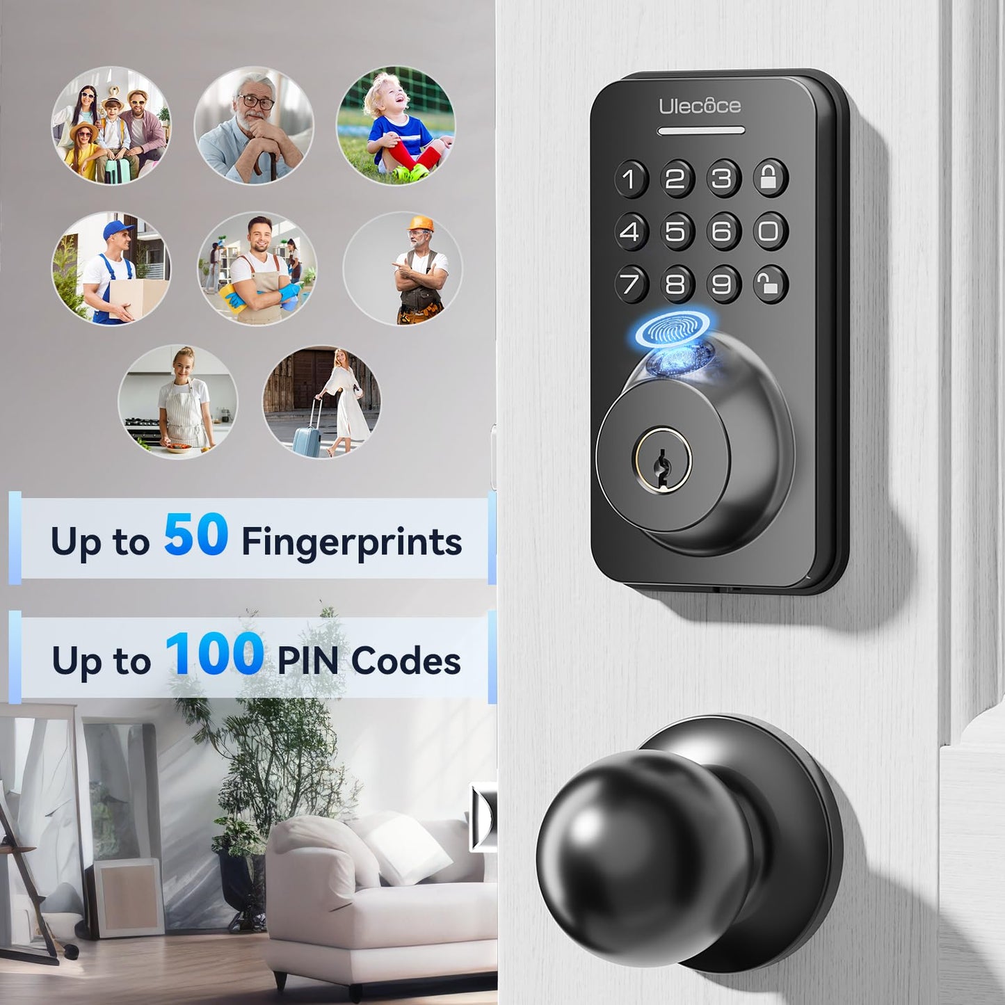 Ulecoce Fingerprint Keypad Deadbolt with Handle Set, Keyless Entry Door Lock, Door Locks for Front Door Lock Set, App Control, Auto Locking, Easy to Install, Matte Black