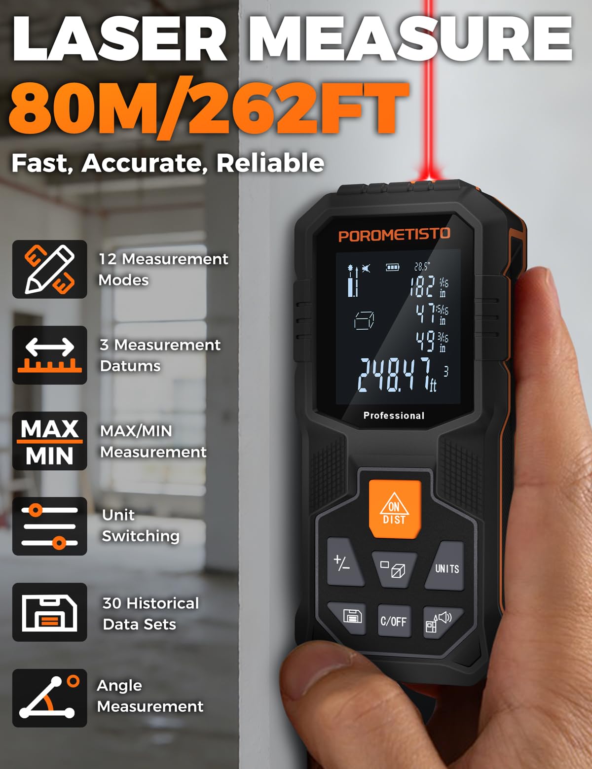 Laser Distance Meter POROMETISTO 262ft/80m, Digital Angle Finder,12 Modes for Angle Area Volume Pythagorean Distance, ±2mm High Accuracy, Tripod Interface Design Handheld Digital Rangefinder