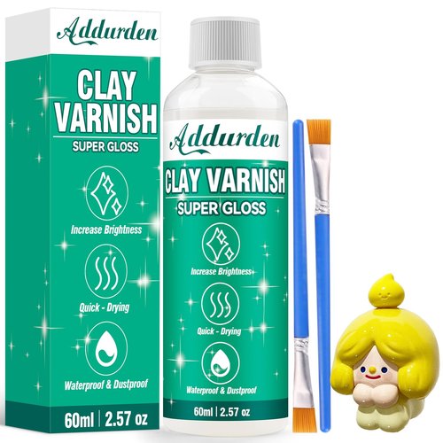 Addurden Air Dry Clay Varnish Glaze with 2 Brushes, Polymer Acrylic Varnish for Ceramics, Oil Painting, Wood, Waterproof, Preventing Crazing & Yellowing, High-Gloss Effect (Varnish-60ml)