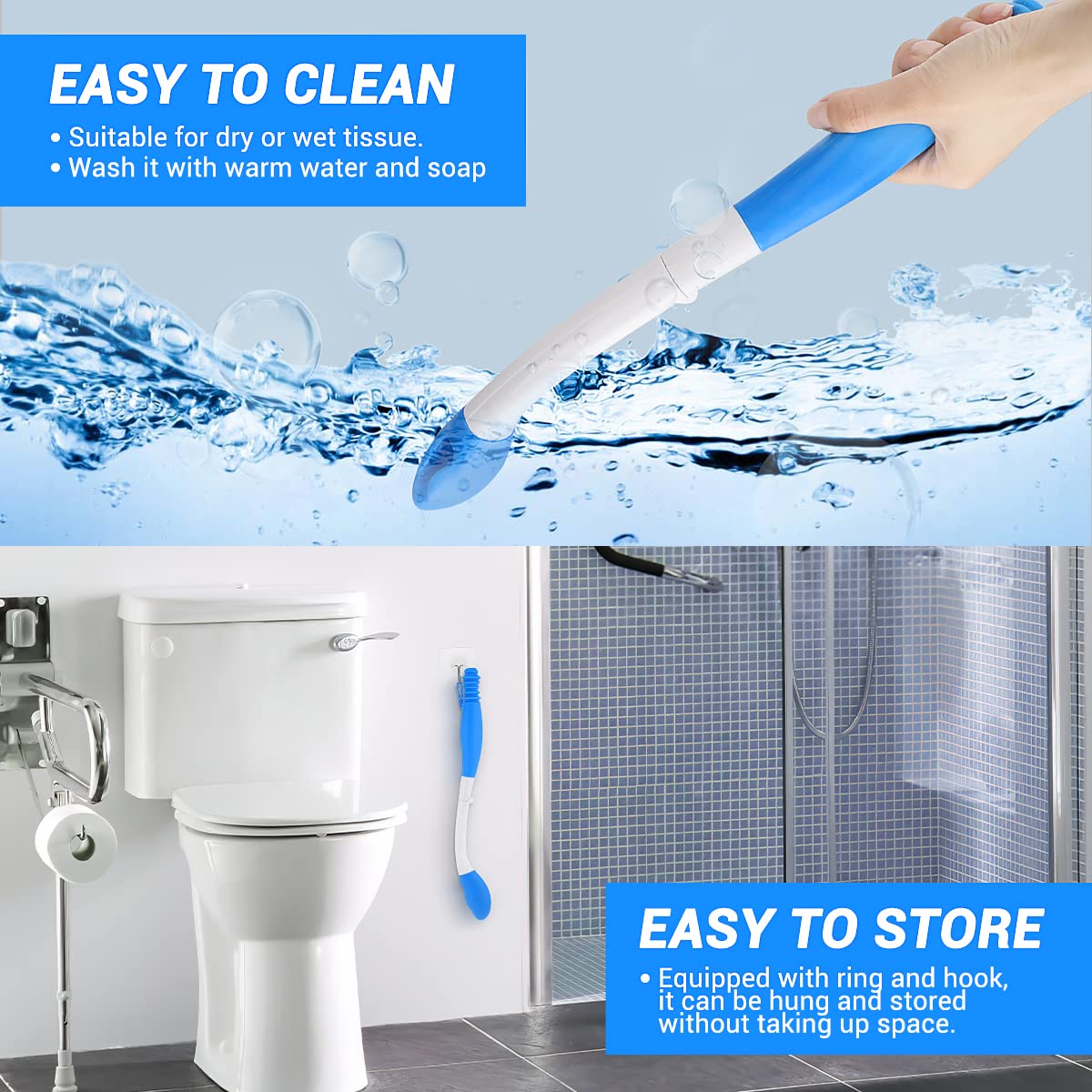 Jhua Foldable Butt Wiper Tool for Women Men Toilet Aids for Wiping 15.7" Long Comfort Bottom Buddy Wiping Aid, Self Wipe Assist Toilet Aids Wand for Disabled, Elderly, Overweight, Pregnant People