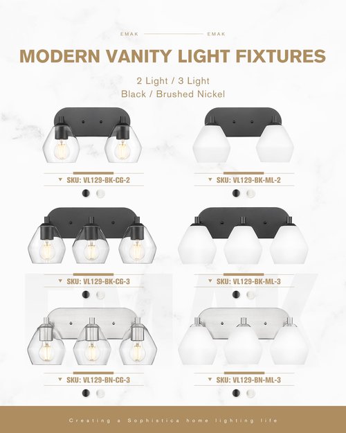 Emak Modern 2-Light Bathroom Vanity Light, Black Bathroom Light Fixtures with Milk Glass Shade, Farmhouse Vanity Lights for Mirror, Bath, VL129-BK-ML-2