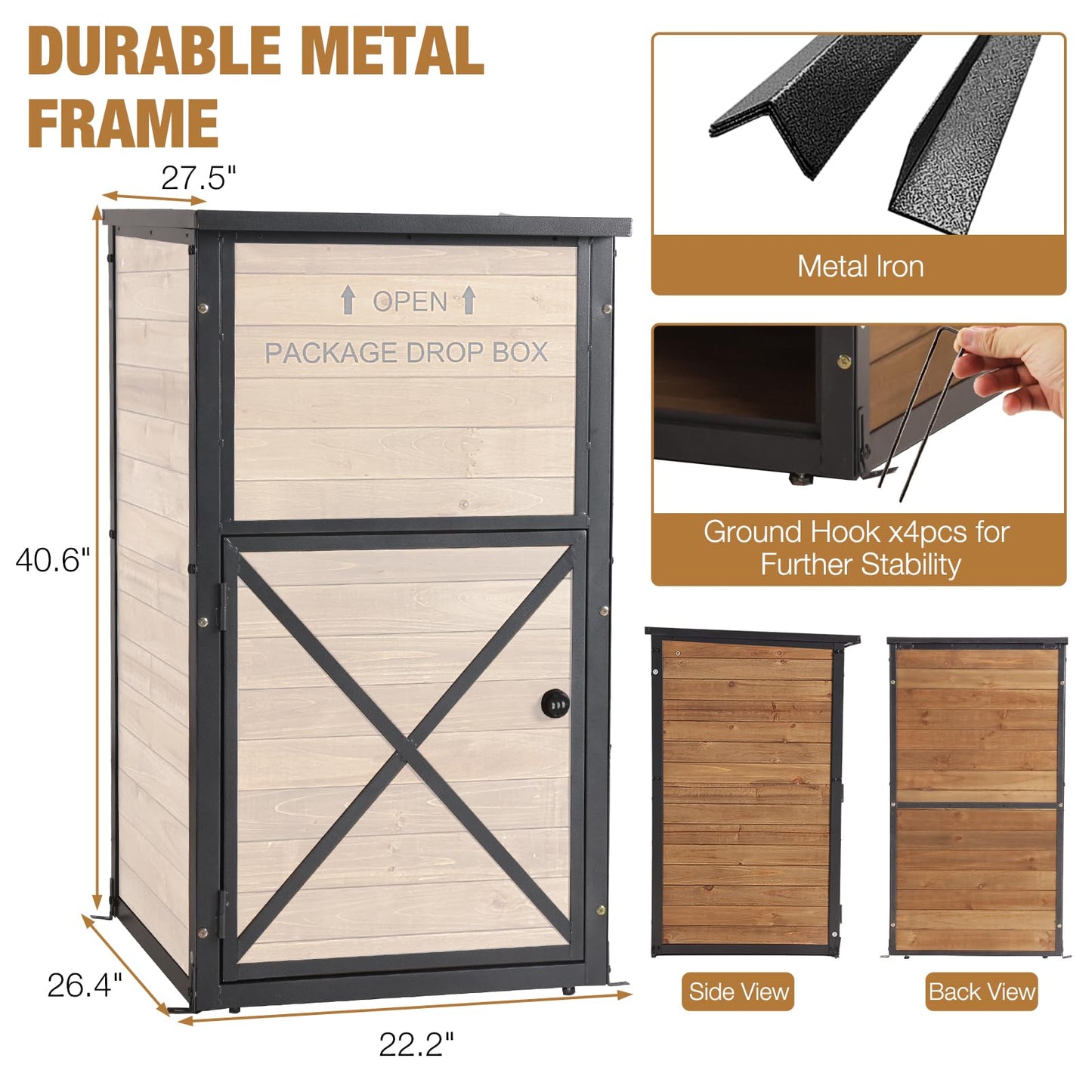 Package Delivery Box for Porch with Lockable Secure, Large Outdoor Parcel Storage Anti Theft -Waterproof Parcel Mailbox with Iron Frame & Natural Wood